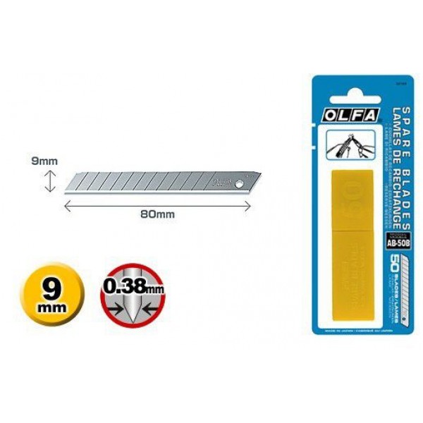 Olfa AB-50B - 9mm Standard Duty 50 Spare Blades - Blister Packed - 6pc