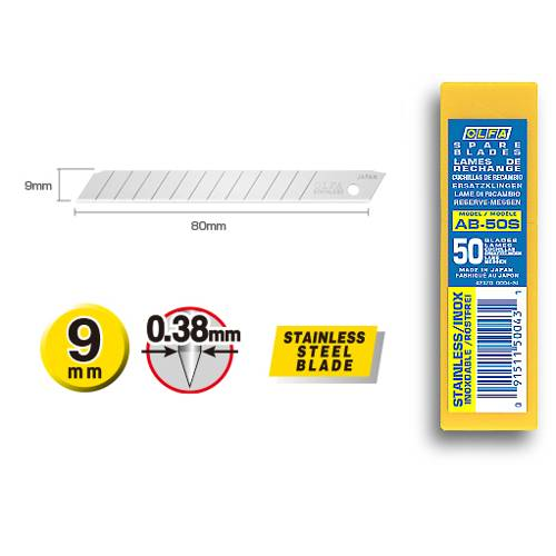 Olfa AB-50S - Spare 9mm Stainless Steel 50 Blades - 6pc